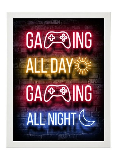 Gaming All Day Gaming All Night Neon Wall Art Poster Frame 30 x 40 cm