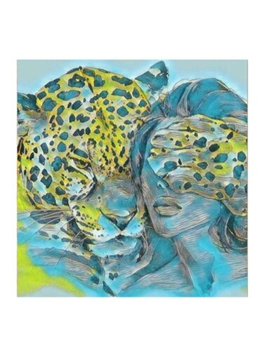 Wooden Women And Tiger Wall Art Painting Blue/Green/Grey 30x30centimeter