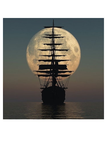 Ship And Moon Themed Printed MDF Wall Art Gray/Cyan/Black 30x30cm