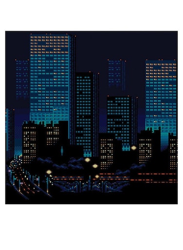 Pixel Art City Themed Wall Art Blue/Black/Yellow 30x30cm