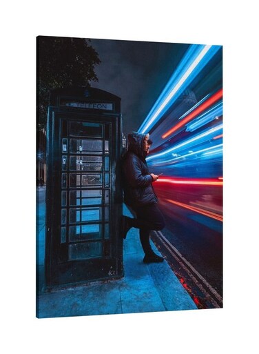 Time Laps On Metro Night Printed Framed Canvas Wall Art Blue/Red/White 60x80centimeter