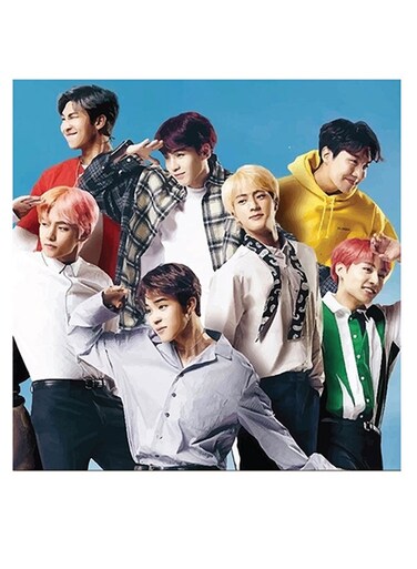 BTS Squad Themed Printed MDF Wall Art Blue/White/Beige 30x30cm