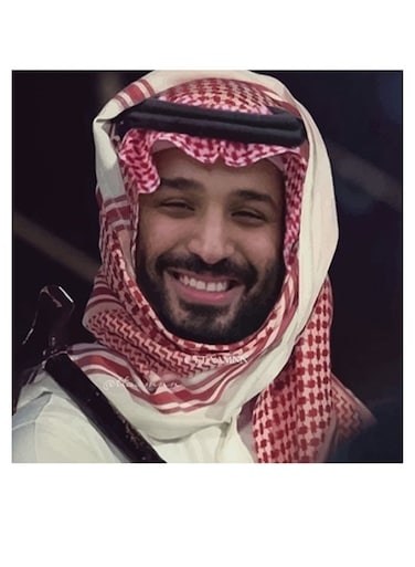 Prince Mohammad Bin Salman Themed Wall Art Beige/White/Red 30x30cm