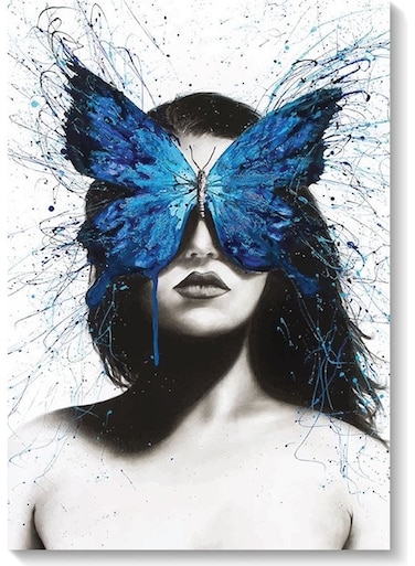 Woman And Blue Butterfly Wall Art Multicolour 40x60cm