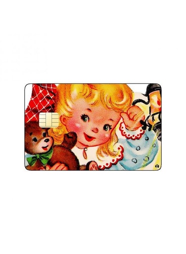 PRINTED BANK CARD STICKER Cute Girl Drawing With Teddy Bear