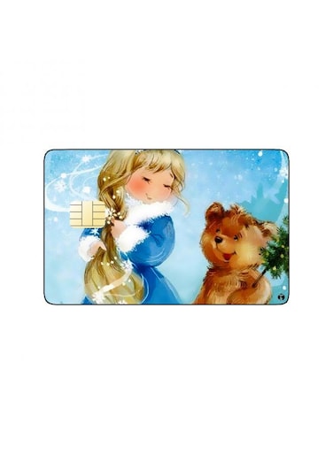 PRINTED BANK CARD STICKER Cute Girl Drawing With Teddy Bear In Winter