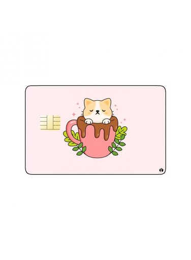 PRINTED BANK CARD STICKER Cute Cat Drawing In Chocolate Cup