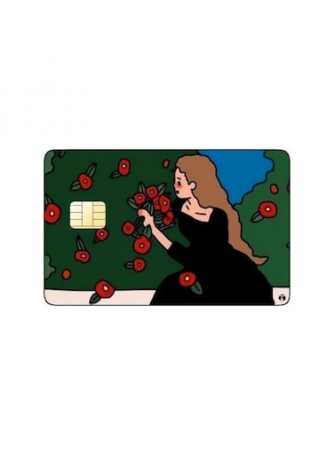 PRINTED BANK CARD STICKER Beautiful Girl Drawing With Red Flowers