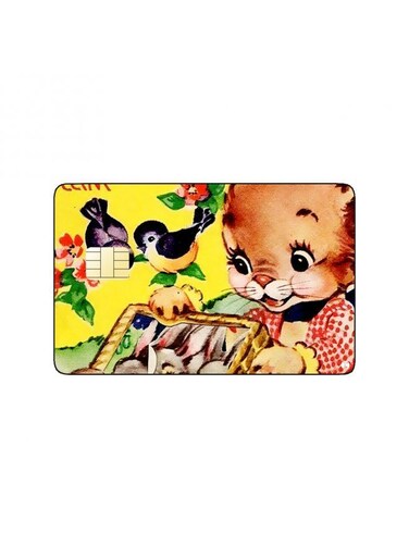 PRINTED BANK CARD STICKER Cute Bunny Drawing With Birds