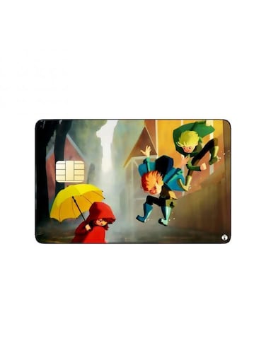 PRINTED BANK CARD STICKER Cute Kids Drawing Playing In Rain