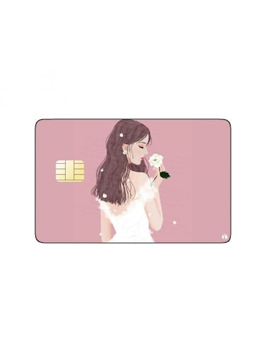 PRINTED BANK CARD STICKER Cute Girl Drawing With White Flower