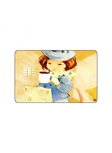 PRINTED BANK CARD STICKER Cute Girl Drawing Sipping Tea Vintage Art