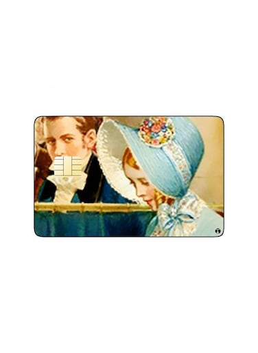 PRINTED BANK CARD STICKER Beautiful Woman Vintage Art In Blue Dress