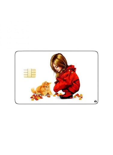 PRINTED BANK CARD STICKER Cute Girl Drawing With Cat