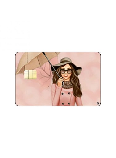 PRINTED BANK CARD STICKER Stylish Woman Drawing In Pink Dress With Umbrella