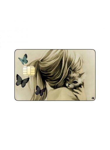 PRINTED BANK CARD STICKER Cute Girl Drawing With Butterflies