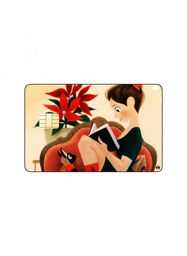 PRINTED BANK CARD STICKER Cute Girl Drawing Reading Book With Cat