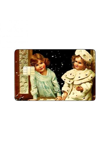 PRINTED BANK CARD STICKER Beautiful Kids Vintage Art In Snow