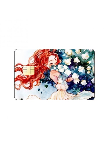 PRINTED BANK CARD STICKER Cute Girl Drawing With Red Hair With Roses
