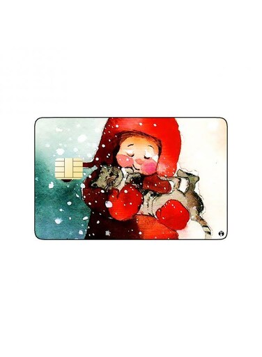 PRINTED BANK CARD STICKER Cute Girl Drawing In Red Suit With Cat