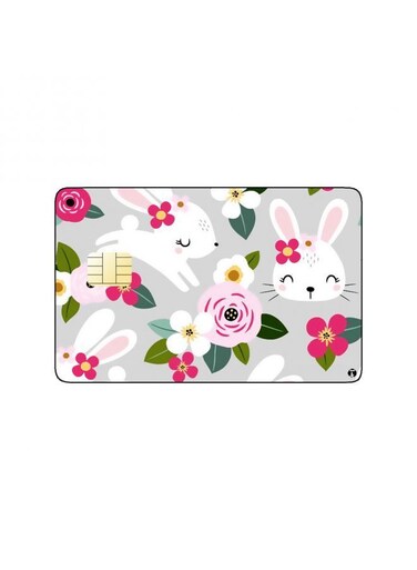 PRINTED BANK CARD STICKER Cute White Rabbits Drawing With Flowers