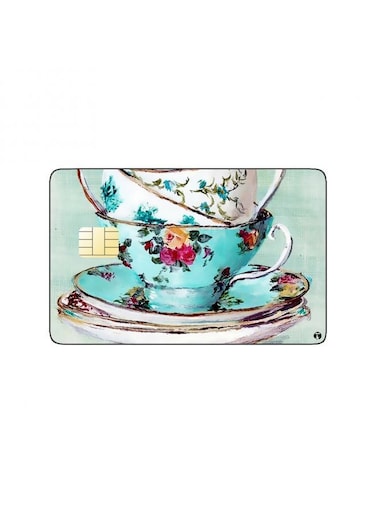 PRINTED BANK CARD STICKER Beautiful Colorful Teacups Drawing