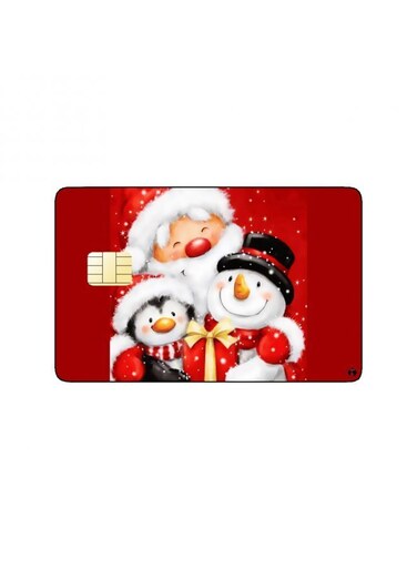 PRINTED BANK CARD STICKER Cute Santa Claus Drawing With Snow Man And Penguin