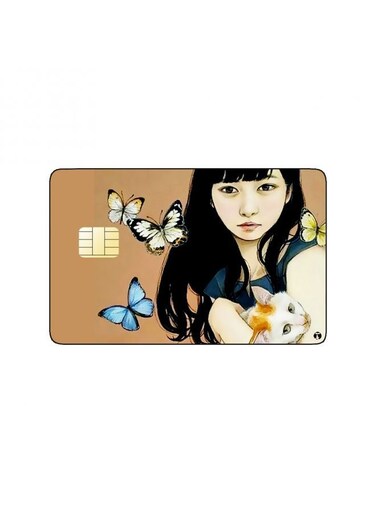 PRINTED BANK CARD STICKER Cute Girl Drawing With Cats And Butterflies