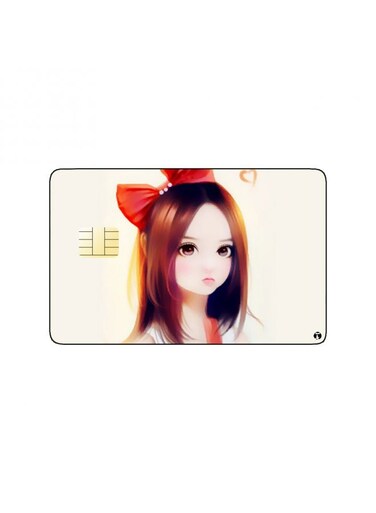 PRINTED BANK CARD STICKER Cute Girl Drawing With Red Hair Bow