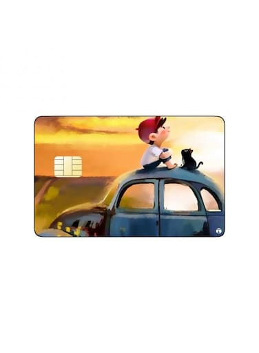 PRINTED BANK CARD STICKER Cute Boy Drawing With Black Cat On A Car