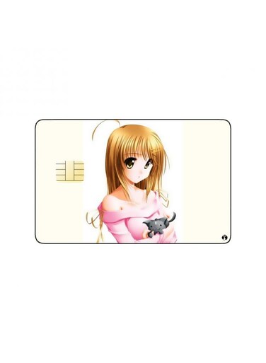 PRINTED BANK CARD STICKER Cute Girl Drawing In Pink Dress With Cat