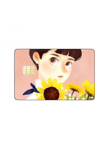 PRINTED BANK CARD STICKER Cute Girl Drawing With Short Hair And Flowers