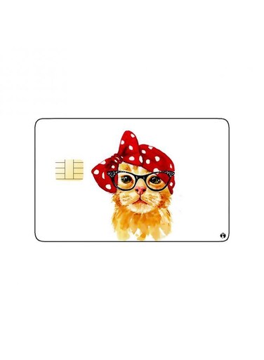 PRINTED BANK CARD STICKER Cute Cat Drawing With Glasses And Bow