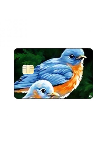 PRINTED BANK CARD STICKER Beautiful Blue Birds Drawing With Flowers