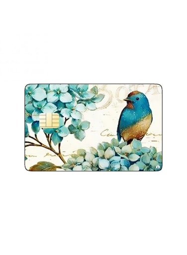 PRINTED BANK CARD STICKER Beautiful Blue Roses Drawing With Bird