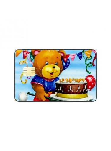 PRINTED BANK CARD STICKER Cute Bear Drawing With Cake