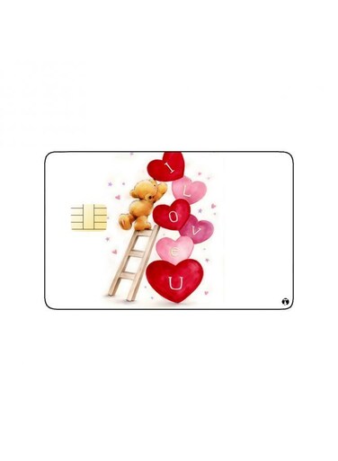 PRINTED BANK CARD STICKER Cute Teddy Bear Drawing With Ladder And Hearts