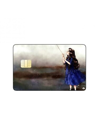 PRINTED BANK CARD STICKER Beautiful Girl Drawing In Blue Dress Playing Kite