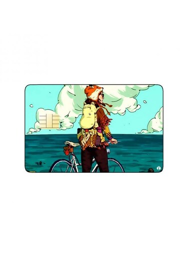PRINTED BANK CARD STICKER Cool Guy Drawing With Bike By The Sea