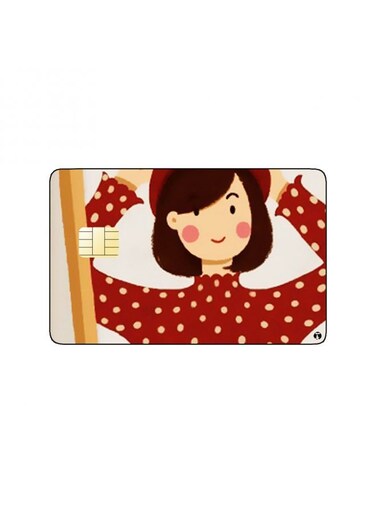 PRINTED BANK CARD STICKER Beautiful Girl Drawing In Red Sweater