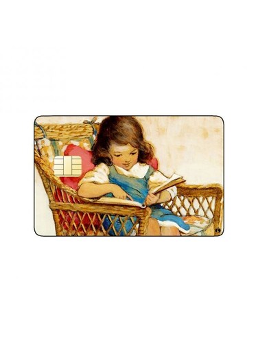 PRINTED BANK CARD STICKER Cute Girl Drawing Reading In Chair