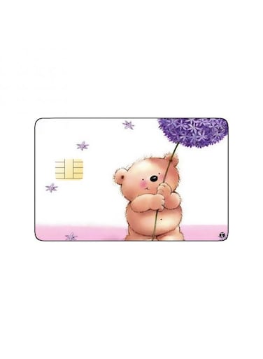 PRINTED BANK CARD STICKER Cute Teddy Bear Drawing With Purple Roses