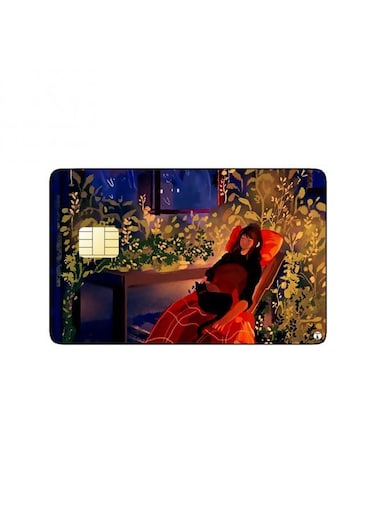 PRINTED BANK CARD STICKER Cute Girl Drawing With Black Cat