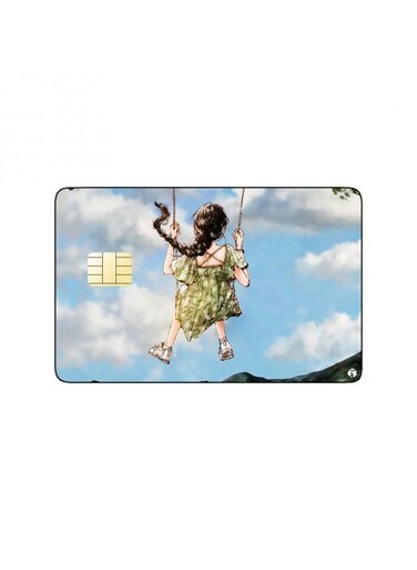 PRINTED BANK CARD STICKER Cute Girl Drawing On Swing