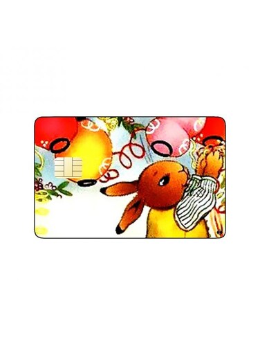 PRINTED BANK CARD STICKER Cute Rabbits Family Drawing With Balloons