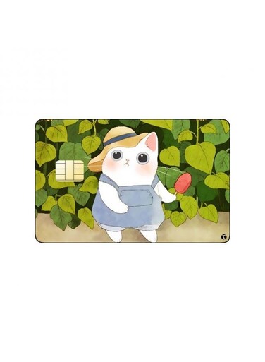 PRINTED BANK CARD STICKER Cute White Cat Drawing With Flowers