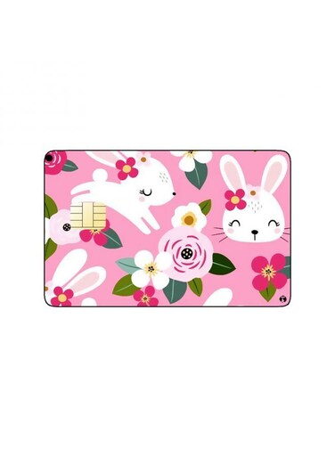 PRINTED BANK CARD STICKER Cute White Rabbits Drawing With Flowers