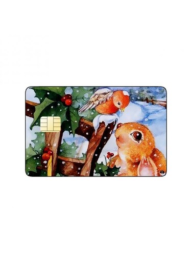 PRINTED BANK CARD STICKER Cute Rabbit Vintage Art In Snow