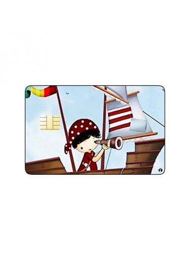 PRINTED BANK CARD STICKER Cute Pirate Boy Drawing On Ship With Spyglass