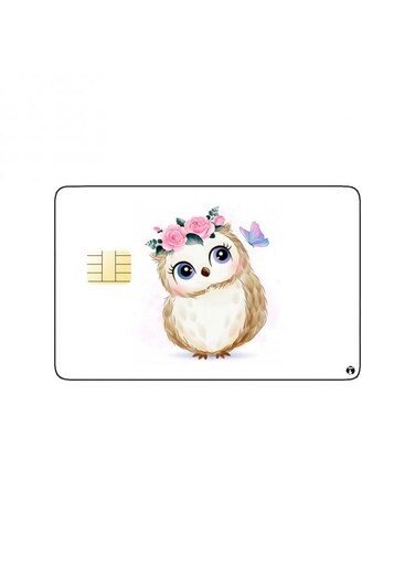 PRINTED BANK CARD STICKER Cute Owl Drawing With Pink Roses